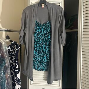 No Boundaries Gray Cardigan with Teal Leopard Print Top (19) 🍀